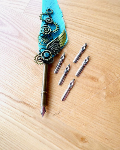 "Steampunk Elegance" Calligraphy Pen with Turkey Feather - Handcrafted, 5 Variants to Choose From, Custom Engraving for Gift