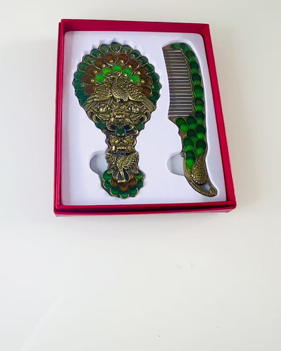 Ensemble Vintage avec Miroir et Peigne au Motif de Paon - Accessoires Cosmétiques Décoratifs