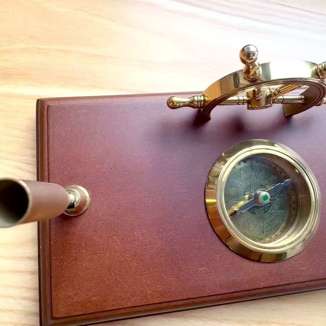 Nautical Desk Set with Engraving – Ship's Wheel, Compass, Pen Holders Made of Polished Wood and Brass