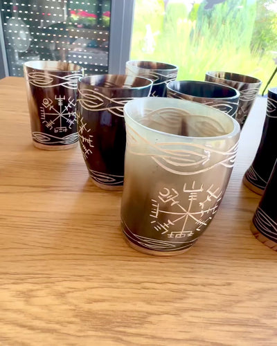 Valknut Handcrafted small buffalo horn cup with Nordic symbols, customizable as a gift with engraving