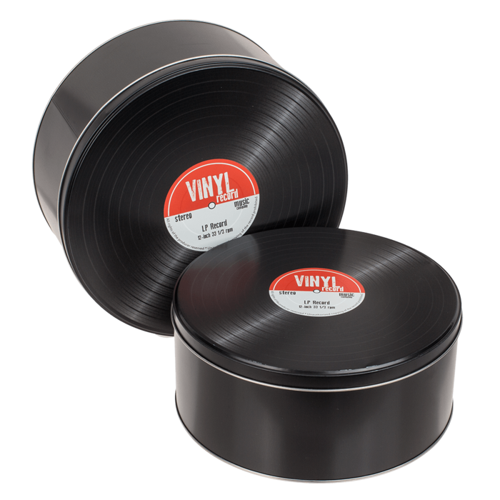 Boîtes en métal, stylisées comme des disques vinyles dans un esprit rétro, possibilité de personnalisation par gravure