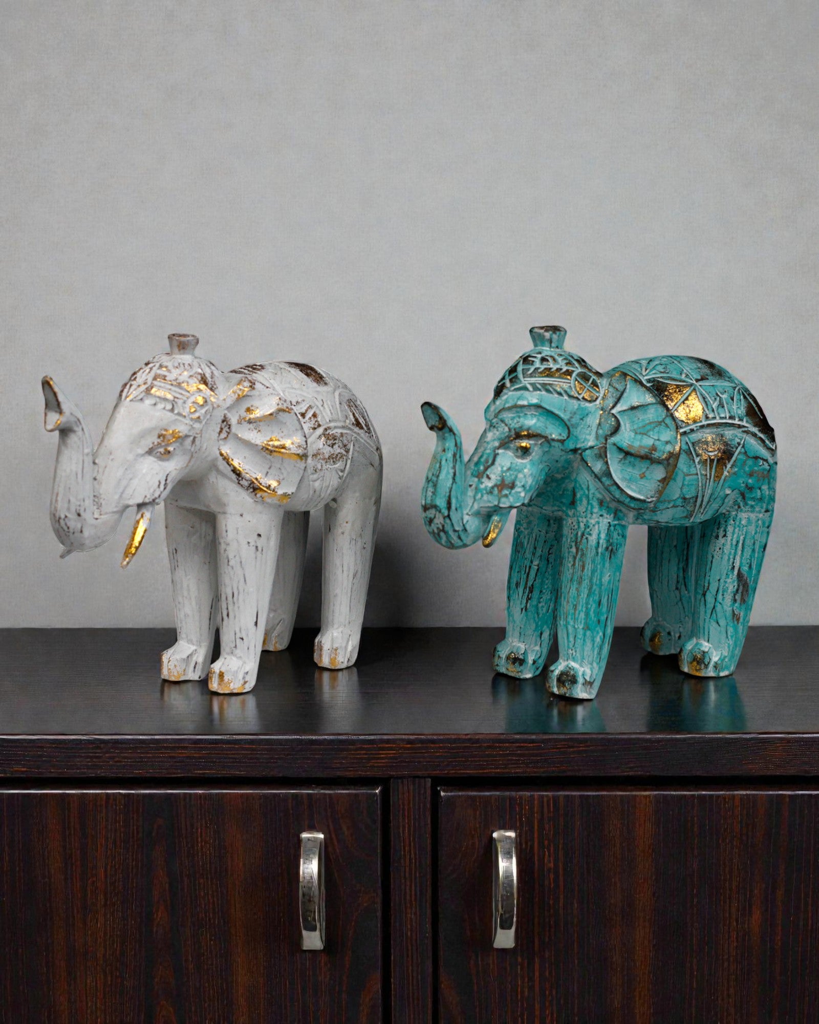 Sculpture d’éléphant 24 cm – Turquoise et or