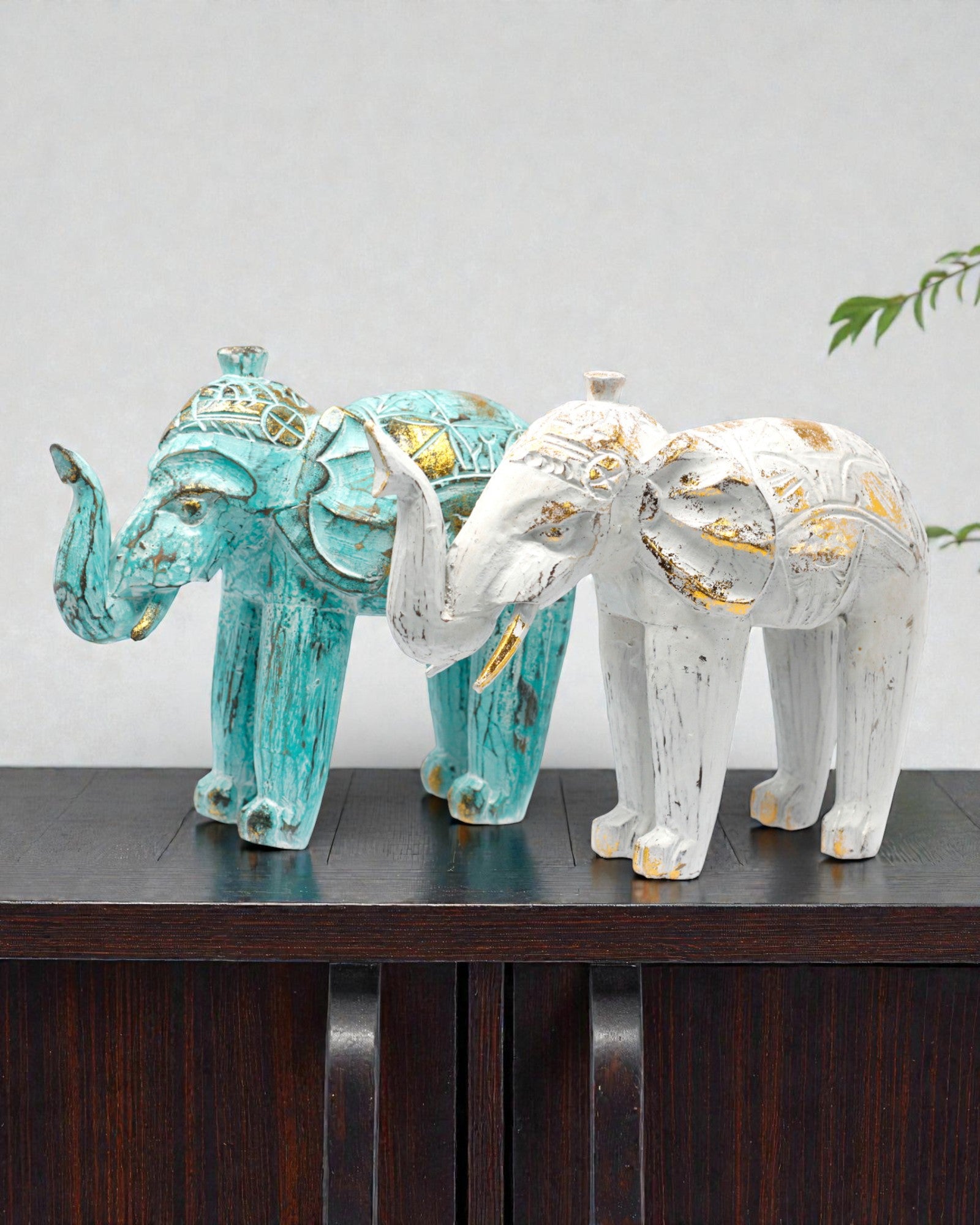 Sculpture d’éléphant 24 cm – Turquoise et or